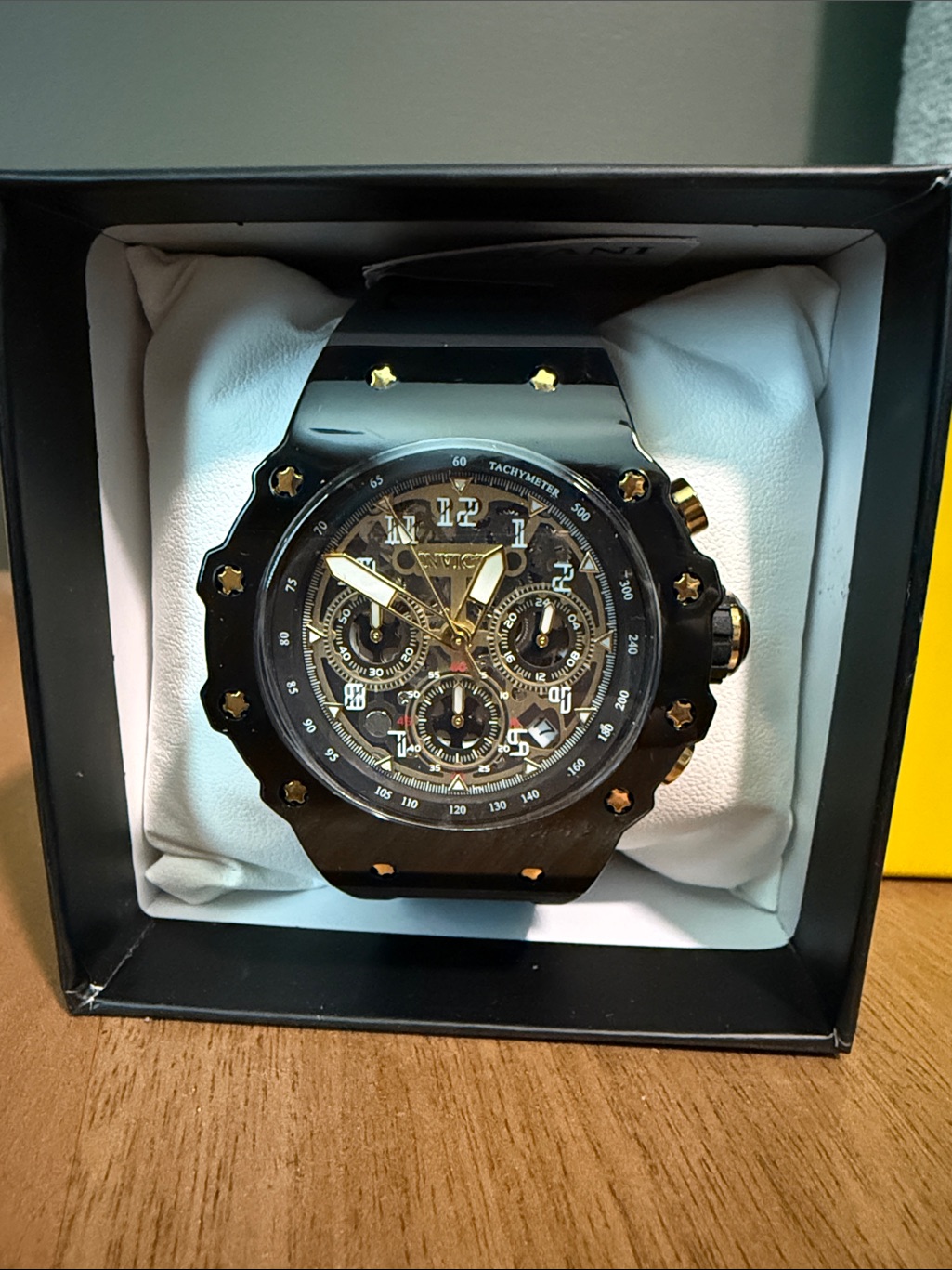Invicta Black And Gold Skeleton Chronograph Watch